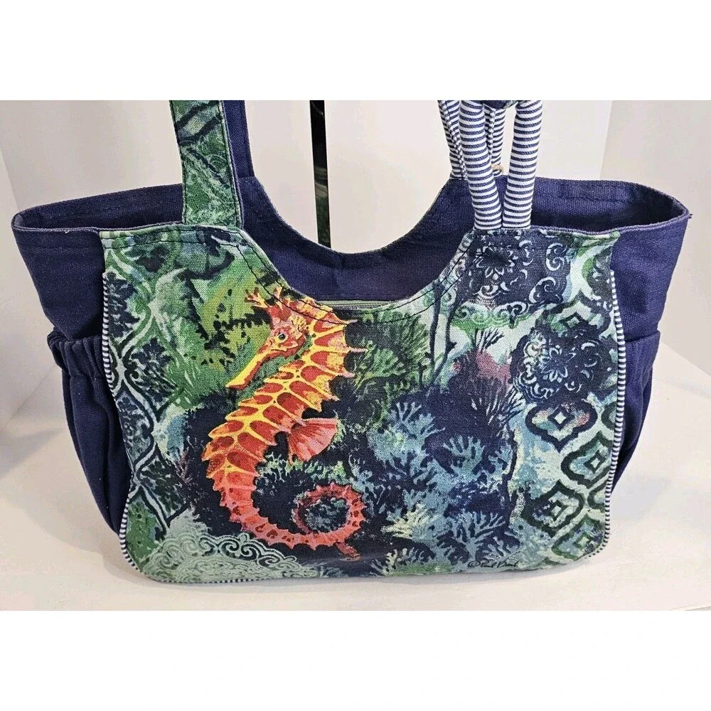Paul Brent Seahorse Canvas Tote Bag Large Braided Shoulder Purse Beach Cruise - Picture 13 of 16